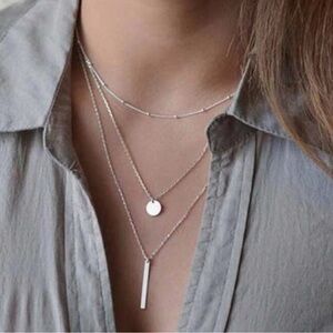 Layered Silver Necklace | Minimalist Bar & Disc Design